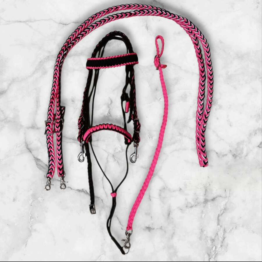 Cob size braided bridle with matching tie down and 9ft adjustable reins