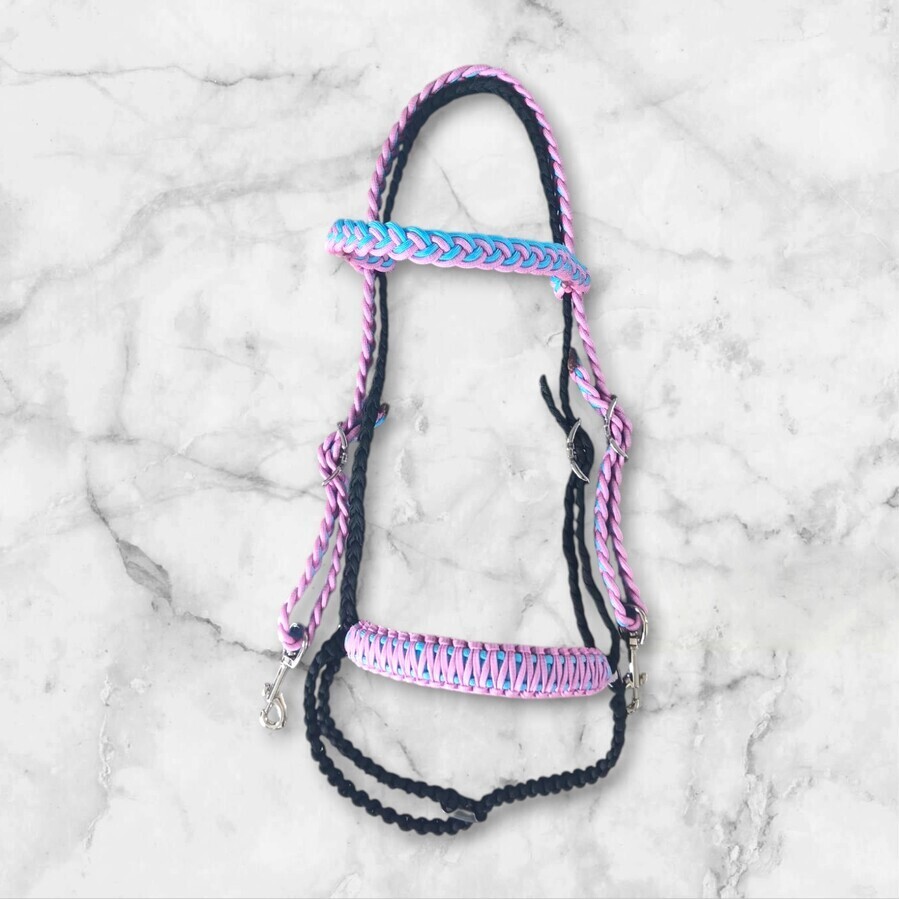 Pink and blue braided bridle pony size.