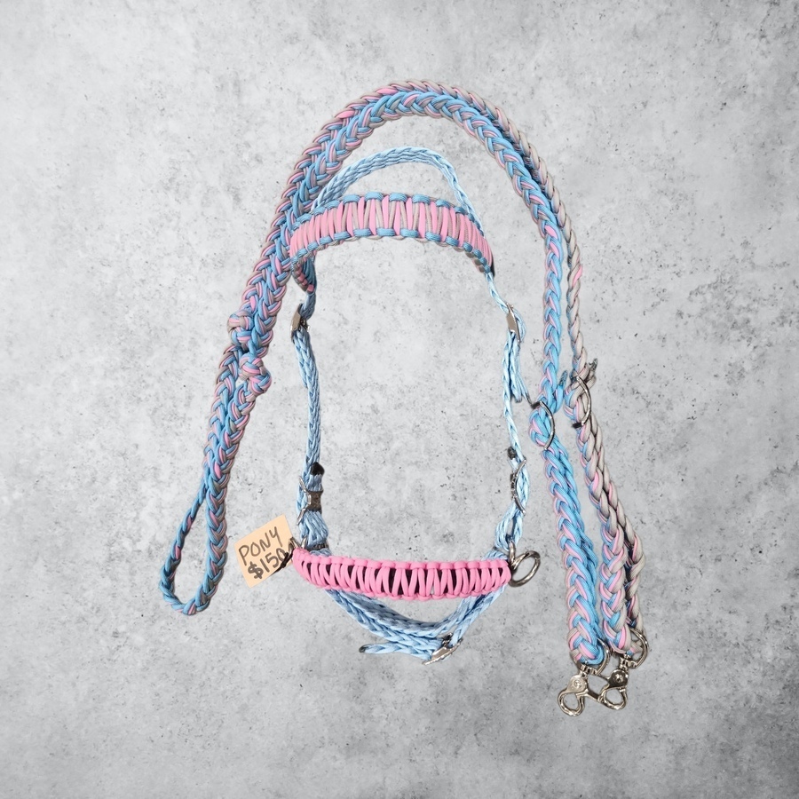 Flat braided Pony bitless bridle and reins
