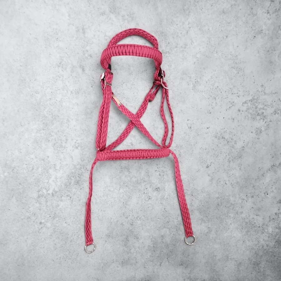 Flat braided bitless bridle cob/full size in burgundy.